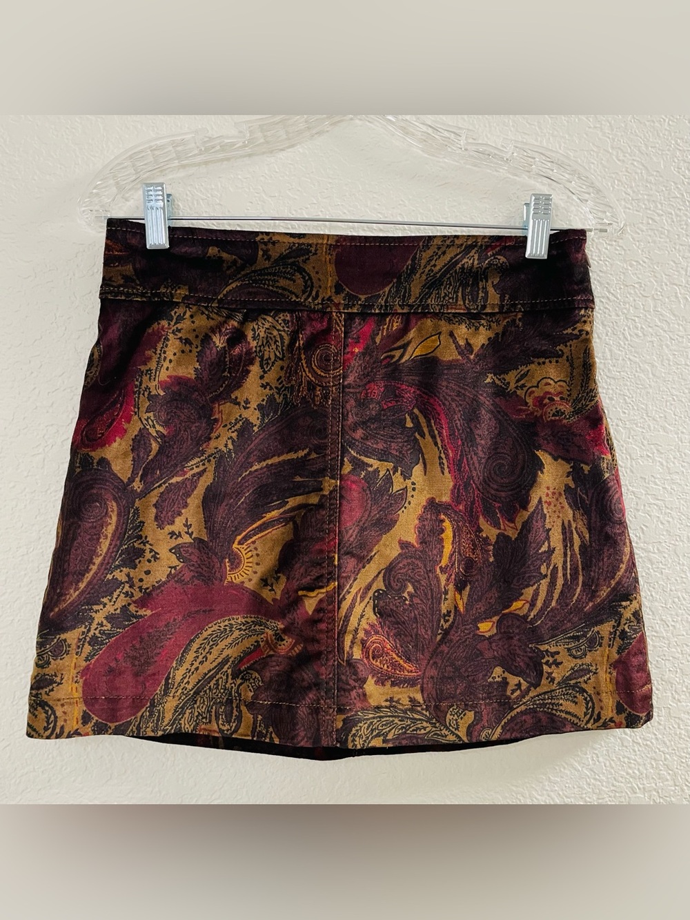 Free People Gold Maroon Paisley Retro Velvet Mini Skirt | Size 4